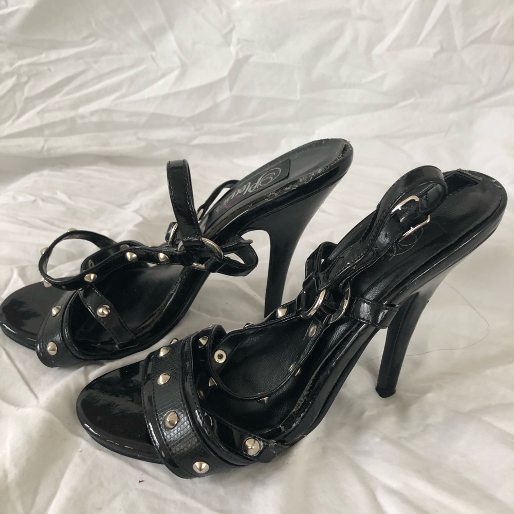 Pleaser Black Strappy Studded Patent Leather Heels - Picture 4 of 8